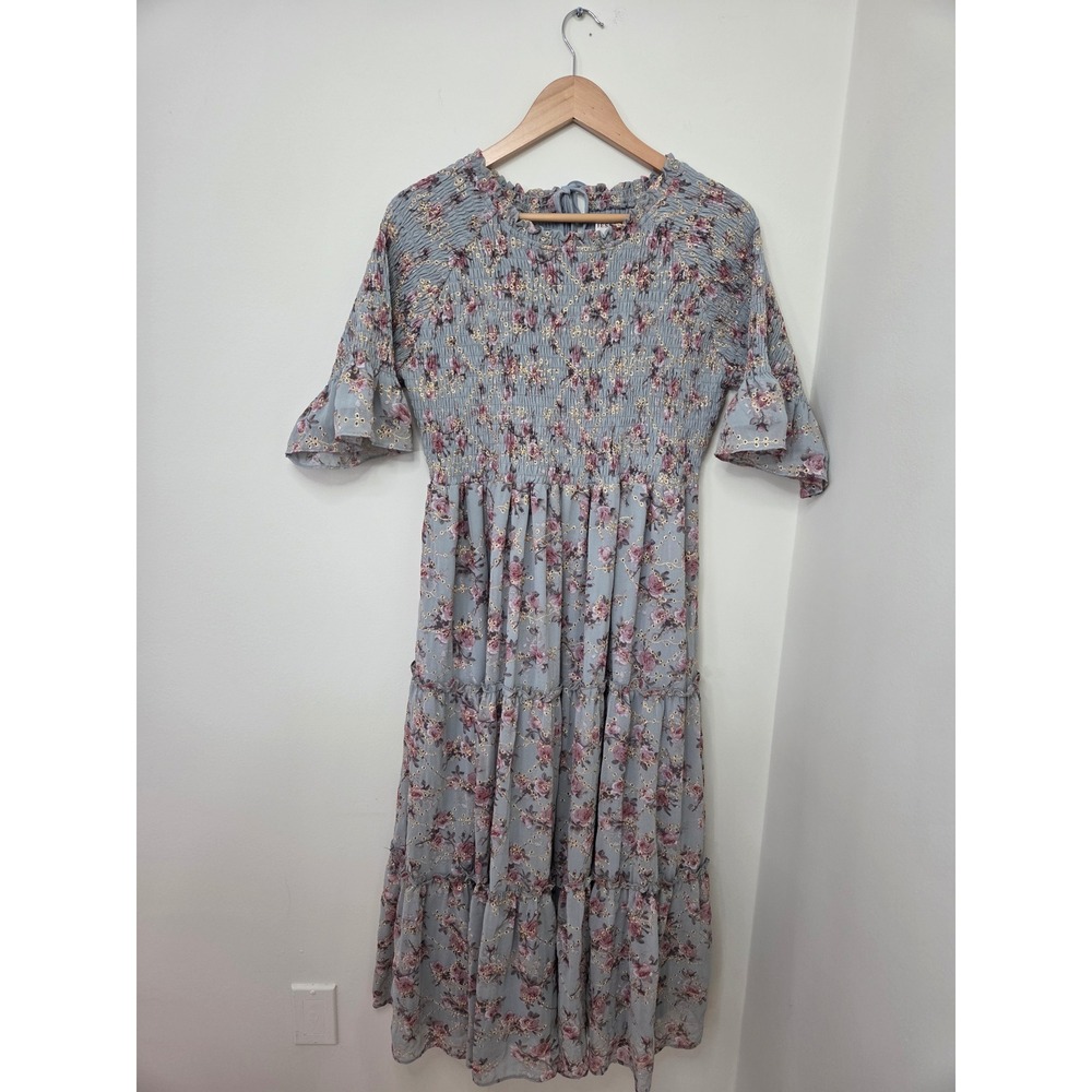 Jessakae Wandering Willoughby Smocked Floral Midi Dress Tiered Ruffle‎ Blue XL
